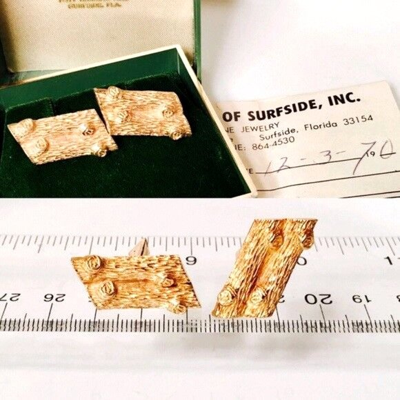 14k Solid Gold Cufflinks Tree Bark Log Texture - Picture 3 of 4
